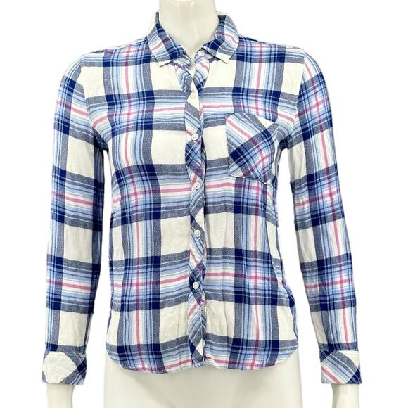 Rails Top Womens XS Hunter Ivory Bluebell Plaid Button Up Country Western Preppy - Picture 1 of 10